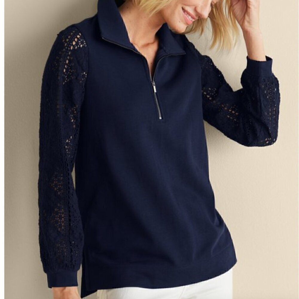 Soft Surroundings Crochet Sleeve Mock Neck French Terry Tunic